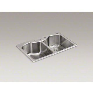 KOHLER K 3842 4 NA Octave Top Mount Double Equal Bowl Kitchen Sink with 4 Faucet Holes, Stainless Steel   Double Bowl Sinks  