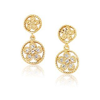 Gold Tone Sterling Silver White CZs Graduated Circles Flower Earrings Jewelry