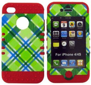 3 IN 1 HYBRID SILICONE COVER FOR APPLE IPHONE 4 4S HARD CASE SOFT RED RUBBER SKIN PLAID RD TE339 KOOL KASE ROCKER CELL PHONE ACCESSORY EXCLUSIVE BY MANDMWIRELESS Cell Phones & Accessories