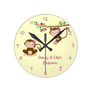 Pink Monkey Sisters Personalized Shared Bedroom Round Clocks