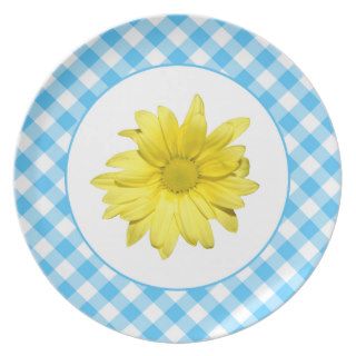 Yellow Daisy Turquoise White Gingham Plate