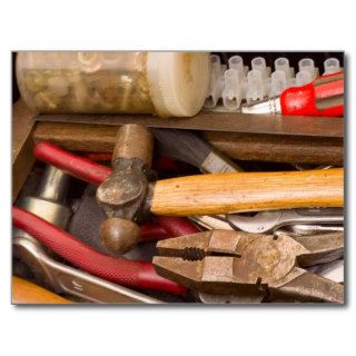 Tools in a messy toolbox post cards