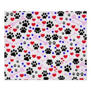 Dog Trails Paws Bones Dots Hearts Red Pink Blue Posters