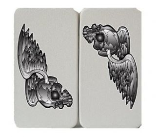 Metallic Flying Skull w/ Wings Logo   White Taiga Hinge Wallet Clutch Clothing