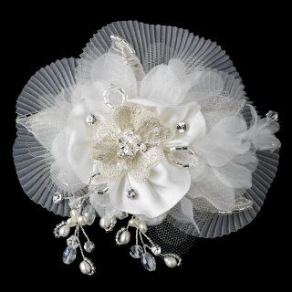 Catrice Freshwater Pearl, Swarovski Crystal Beaded Diamond Sheer Organza Fabric Flower Wedding, Bridal, Special Occasion Hair Clip   Ivory  Beauty