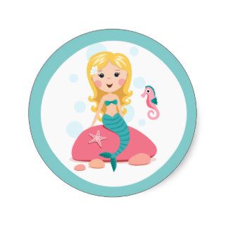 Blond mermaid cartoon girl with starfish seahorse stickers