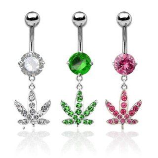 [Green] 316L Surgical Stainless Steel Navel Rings with Gem Paved Pot Leaf Dangle   14G 3/8" Long   Green Belly Button Piercing Rings Jewelry