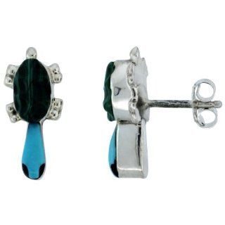 Sterling Silver Handcrafted Blue Turquoise & Green Malachite Turtle Stud Earrings (Genuine Zuni Tribe American Indian Jewelry) 5/8 in. (16mm) tall Jewelry