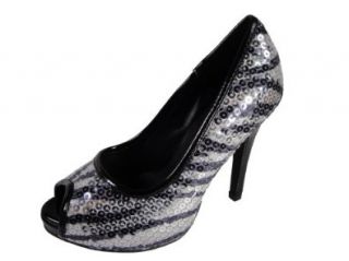 Andres Machado Women's ZEBRA Sequins Platform Pump Peep Toe Petite Shoes Shoes