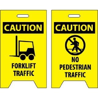 NMC FS34 Double Sided Floor Sign, Legend "CAUTION   FORKLIFT TRAFFIC NO PEDESTRIAN TRAFFIC" with Graphic, 12" Length x 20" Height, Coroplast, Black on Yellow Industrial Warning Signs