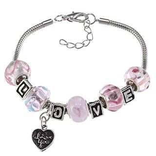 La Preciosa Silverplated Pink Bead 'LOVE' and Heart Charm Bracelet La Preciosa Crystal, Glass & Bead Bracelets