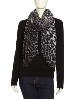 Leopard Print Merino Wool Scarf, Gray/Black