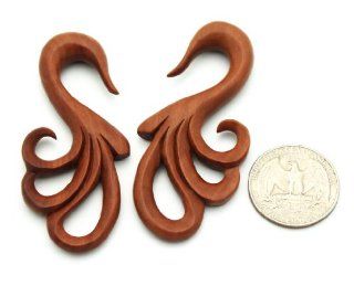 6g 4mm Water Wave Sawo Wood Organic Ear Gauges Plugs   Flower Design Tribal Floral Hook Hanging Swan (Sold By Pair) Jewelry
