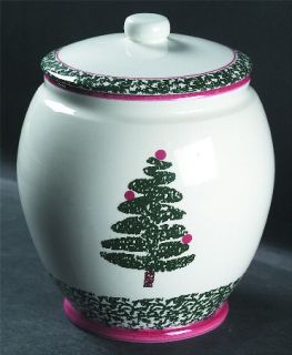 Furio Fuo5 Cookie Jar and Lid, Fine China Dinnerware   Green Sponged Rim&Xmas Tr