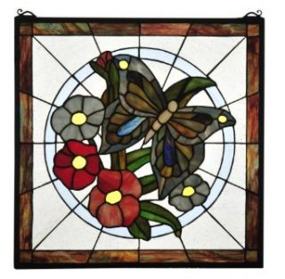 Meyda Lighting 32672 20"W X 20"H Butterfly Floral Stained Glass Window