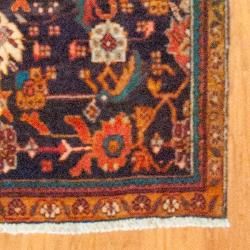 Hand knotted Persian Hamadan Navy/ Beige Wool Rug (4' x 10') Runner Rugs