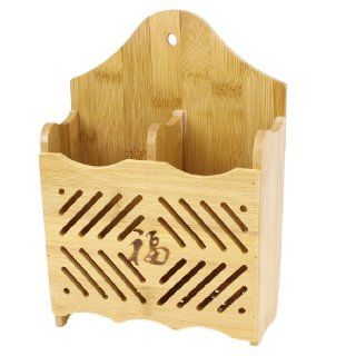 Wood Color 2 Compartments Hollow Out Bamboo Pencil Pen Organizer Box  Office Desk Trays 