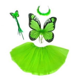 Girls Green 4pc Monarch Butterfly Costume Tutu, Wings, Wand, Princess Tiara Clothing