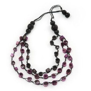 Long Multistrand Purple/Black Wood Bead Cotton Cord Necklace   80cm Length Jewelry