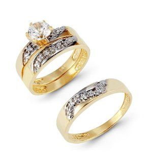 Solid 14k Two Tone Gold CZ Stone Swirl Wedding Rings Jewelry