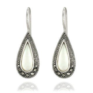 Sterling Silver Marcasite Mother Of Pearl Teardrop Earrings Jewelry