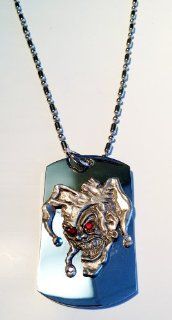 Jester Joker Skull RED Crystal Eyes Pewter Emblem Logo Symbols   Military Dog Tag Luggage Tag Key Chain Metal Chain Necklace