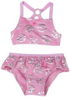 Flapdoodles 2 Piece Pink Swimsuit with Silver Foil Peace Sign, Light Pink, 6 9 Months Infant And Toddler Two Piece Swimsuits Clothing