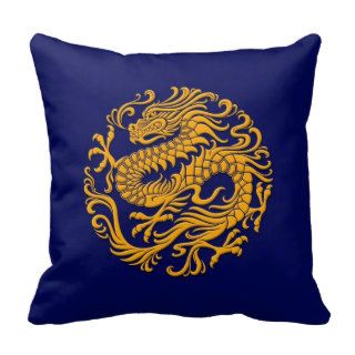 Traditional Yellow and Blue Chinese Dragon Circle Pillow