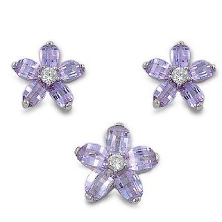 Sterling Silver Lavender CZ Flower Earring & Necklace Set Jewelry