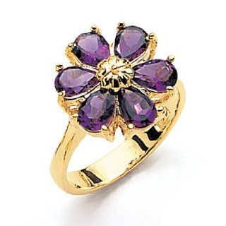 14K Gold 6 Petals Floral Ring Set with Faceted Pear Shape Amethyst Jewelry