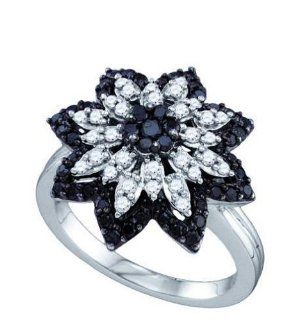 10k White Gold Black Colored Diamond Cluster Flower Petals Womens Ladies Unique Cocktail Fashion Ring   .85 Ct.t.w. Jewelry