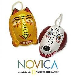 Set of 2 Cedar Wood 'Lion and Dog Dance Masks' Ornaments (Guatemala) Novica Seasonal Decor