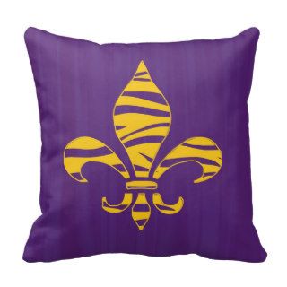 Gold Tiger Stripe Fleur de Lis Purple Background Throw Pillows