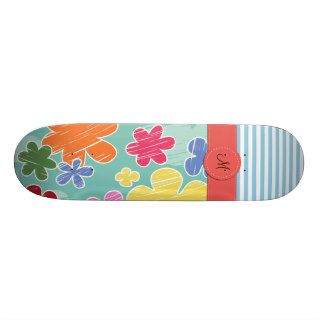 Monogram   Tropical Flowers, Stripes   Pink Green Skate Board Deck