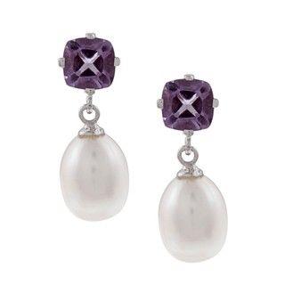DaVonna Silver FW Pearl and Amethyst Dangle Earring (8 8.5 mm) DaVonna Pearl Earrings