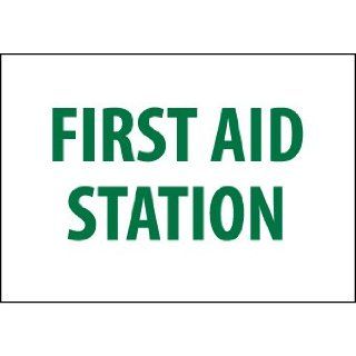 NMC M442R Emergency and First Aid Sign, Legend "FIRST AID STATION", 10" Length x 7" Height, Rigid Polystyrene Plastic, Green on White Industrial Warning Signs