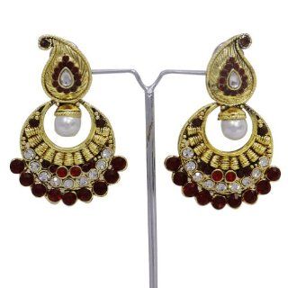 Maroon CZ Pearl Dangle Earring Set Indian Ethnic Party Wear Bridal Wedding Women Wear Gold Tone Jewelry Gift Jewelry