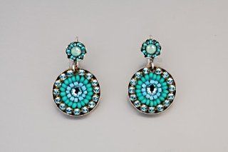 Turquoise and Blue Dangle Circles Earrings by Adaya Set with Swarovski Crystals and Beads; Handmade in Israel ADAYA Jewelry