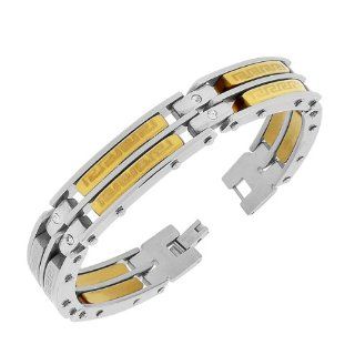 Stainless Steel Silver Yellow Gold Two Tone Greek Key White Crystals CZ Link Chain Mens Bracelet with Clasp Bangle Bracelets Jewelry