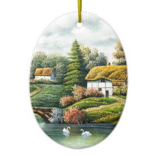 Painting Of Swans On A Lake Near A Home Ornament