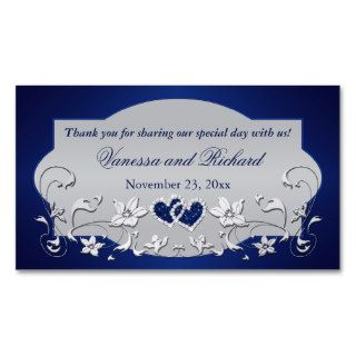 Navy, Silver Gray Floral, Hearts Wedding Favor Tag Business Card