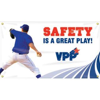 Accuform Signs MBR470 Reinforced Vinyl Motivational VPP Banner "SAFETY IS A GREAT PLAY" with Metal Grommets and Baseball Graphic, 28" Width x 4' Length Industrial Warning Signs