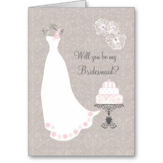 White Wedding dress and cake Bridesmaid Request Greeting Card