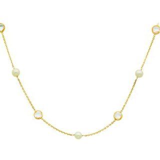 14K Gold Cultured Round Pearl & White Topaz Strand 18" Jewelry