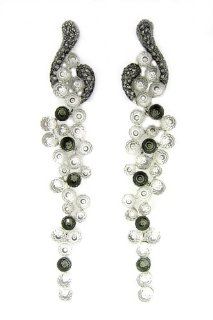 Elongated Grape Cluster Dangle Earrings   Smoky & White CZs, .925 Sterling Silver Jewelry
