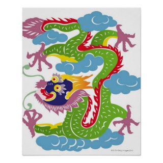 Illustration of Chinese dragon flying Poster