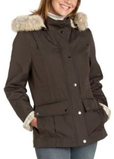 London Fog Women's Snap Front Fur Hooded Anorak with Plaid Lining, Brown, Medium