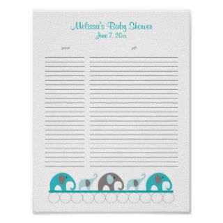 Turquoise and Gray Elephants Baby Shower Gift List Posters