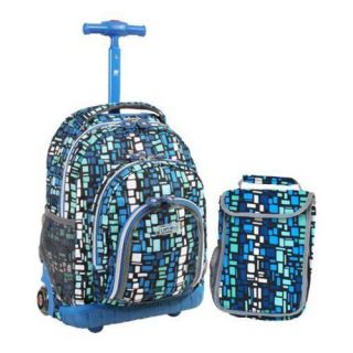 Children's J World Sparkling Wheel Rolling Backpack with Lunch Bag Squares Blue J World Rolling Backpacks