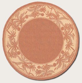 8'6" Round Area Rug with Palm Tree Design Border in Terra Cotta  